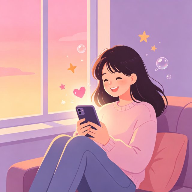 女孩坐在窗边沙发上与 nimoo AI 开心聊天插画