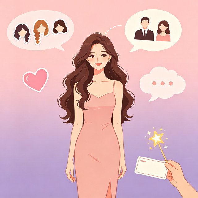自由定制专属 AI 人设插画：成年女性角色，周围性别剪影、发型贴纸、爱心、对话气泡与空白姓名牌